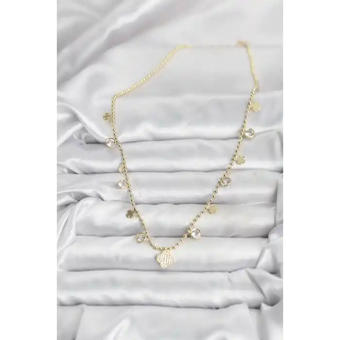 Pirinç Gold Renk Yonca Model Kadın Kolye