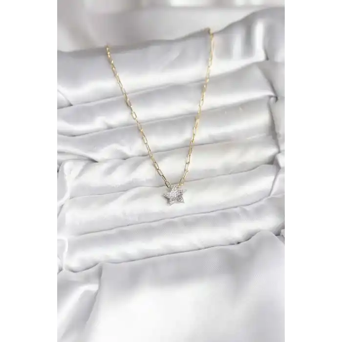 Pirinç Gold Renk Zincirli Zirkon Taşlı Minimal Yıldız Model Kadın Kolye