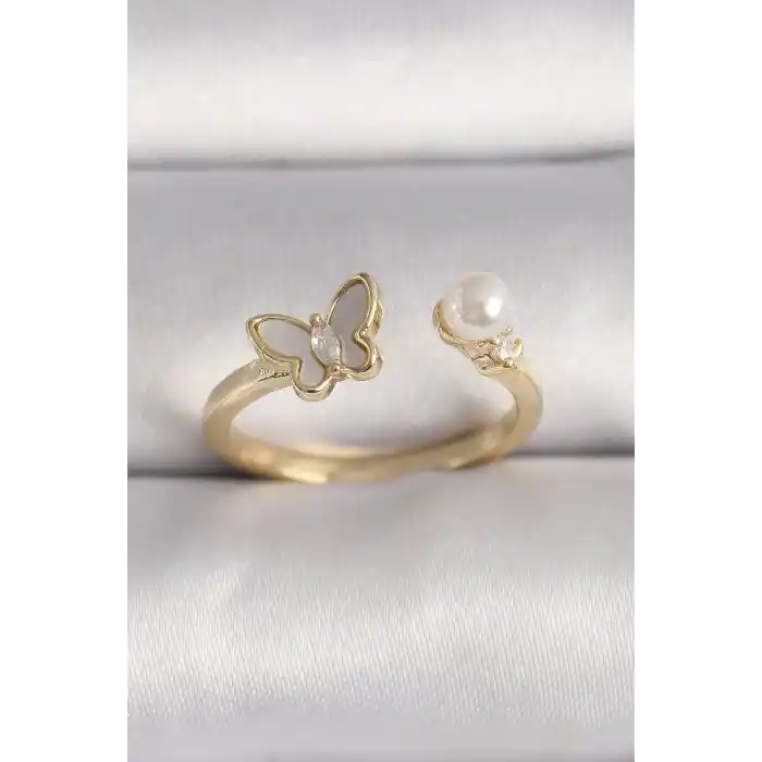 Pirinç Gold Renk Zirkon Taş Detaylı Beyaz Mineli Kelebek Model İnci Detay Ayarlanabilir Yüzük