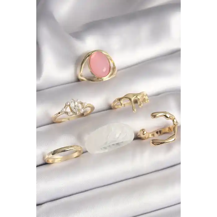 Pirinç Gold Renk Zirkon Taş Detaylı Pembe Mineli 6Lı Kadın Yüzük Seti
