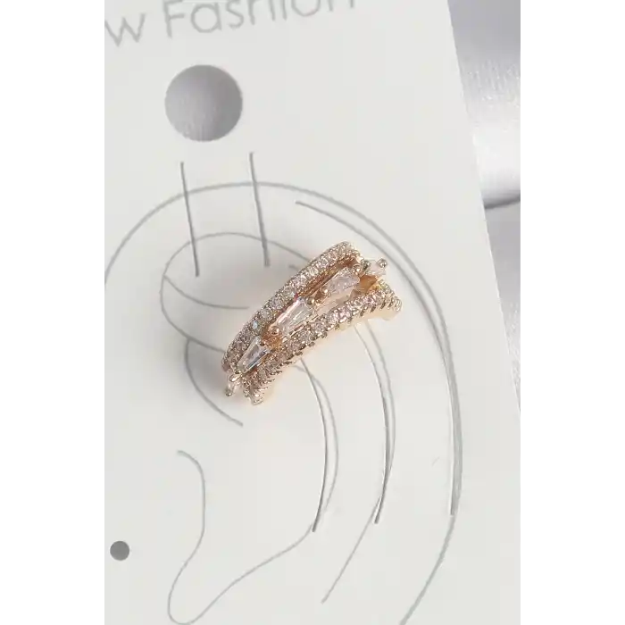Pirinç Gold Renk Zirkon Taşlı 3Lü Sıralı Model Kadın Kıkırdak Küpe