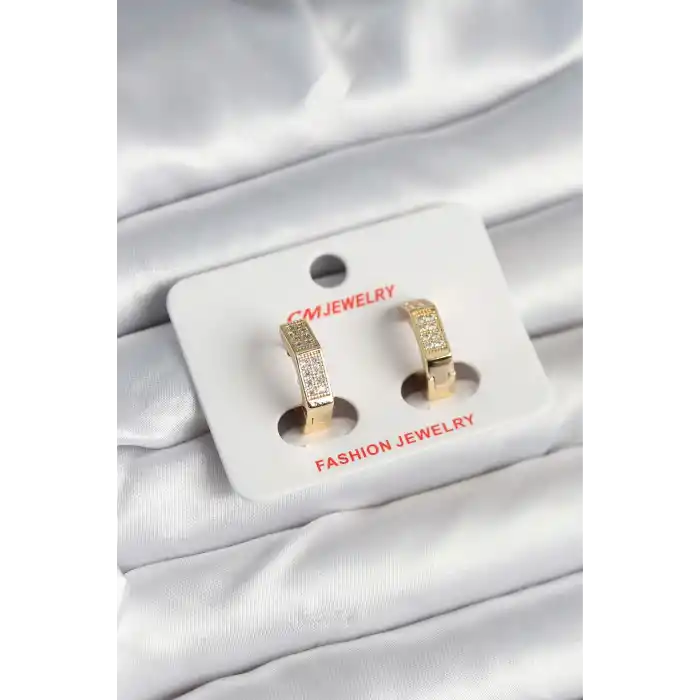 Pirinç Gold Renk Zirkon Taşlı Altıgen Kadın Küpe