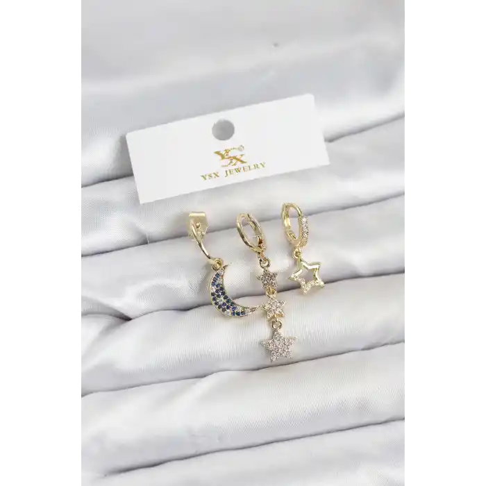Pirinç Gold Renk Zirkon Taşlı Ay ve Yıldız Model YSX Trio Küpe Seti