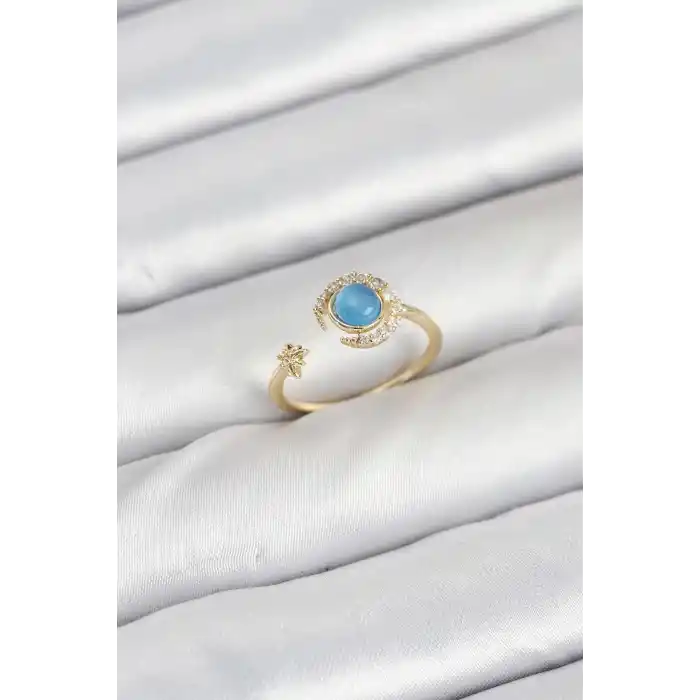 Pirinç Gold Renk Zirkon Taşlı Ay Yıldız Kadın Yüzük