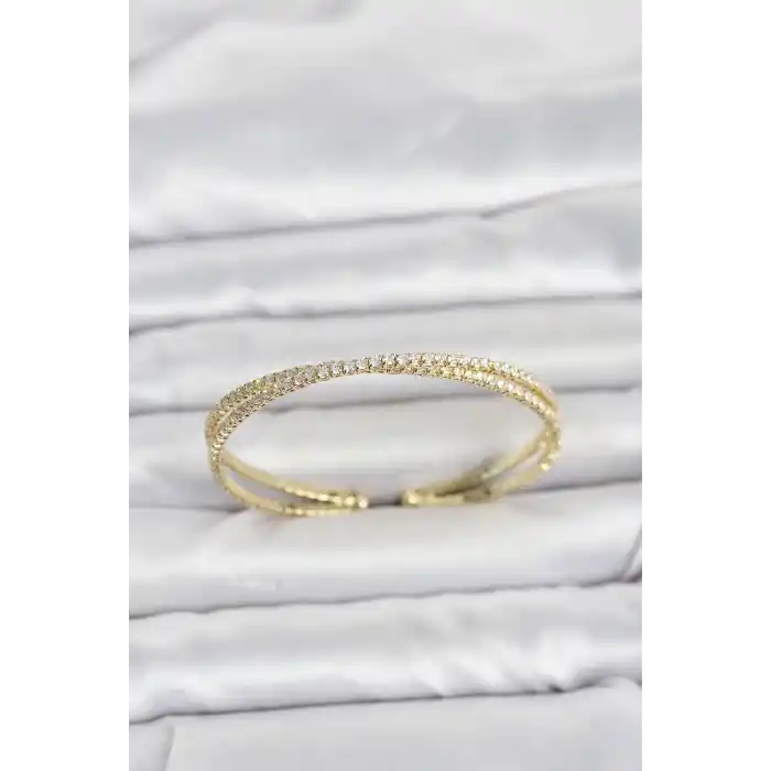 Pirinç Gold Renk Zirkon Taşlı Çapraz Model Kadın Bileklik