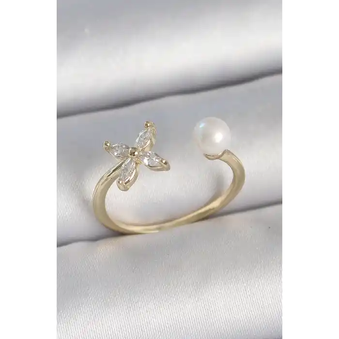 Pirinç Gold Renk Zirkon Taşlı Çiçek Model İnci Detay Ayarlanabilir Kadın Yüzük