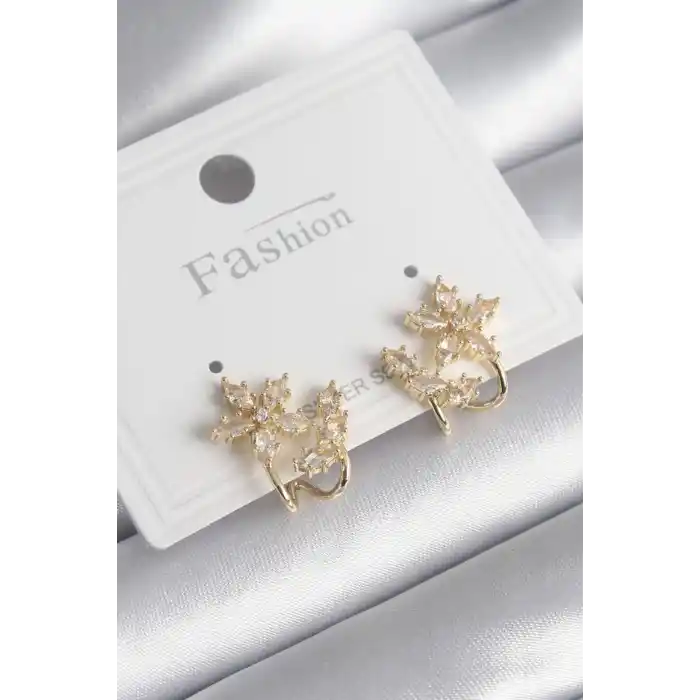 Pirinç Gold Renk Zirkon Taşlı Çiçek Model Kadın Küpe