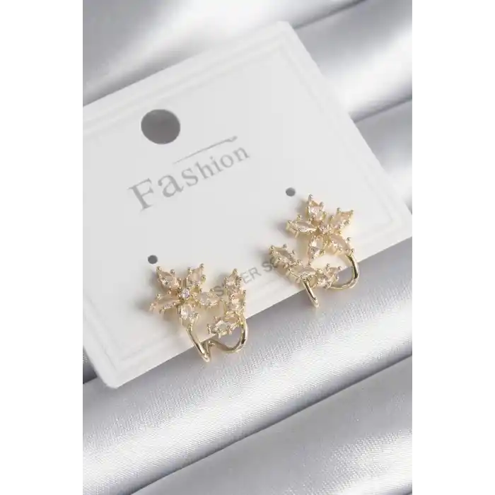 Pirinç Gold Renk Zirkon Taşlı Çiçek Model Kadın Küpe