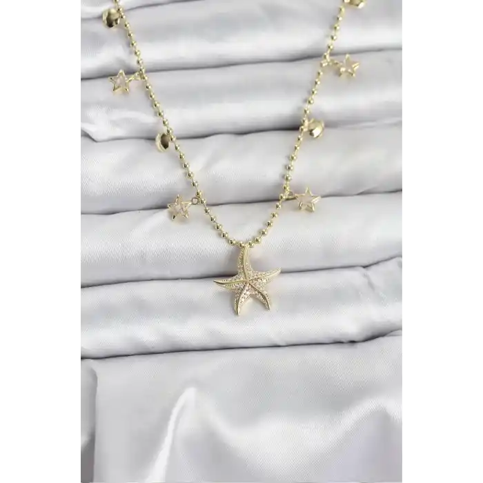Pirinç Gold Renk Zirkon Taşlı Deniz Yıldızı Model Kadın Kolye