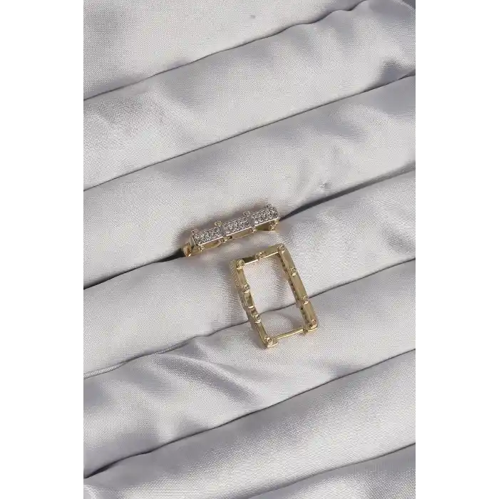 Pirinç Gold Renk Zirkon Taşlı Dikdörtgen Model Seranay Küpe