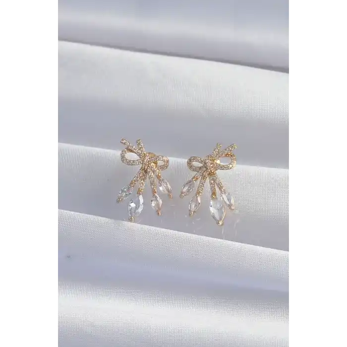 Pirinç Gold Renk Zirkon Taşlı Fiyonk Küpe