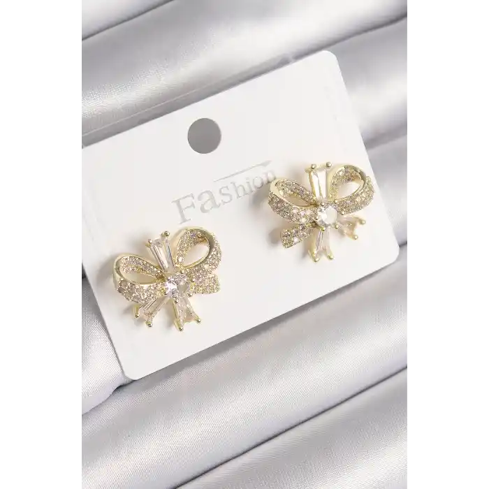 Pirinç Gold Renk Zirkon Taşlı Fiyonk Model Kadın Küpe
