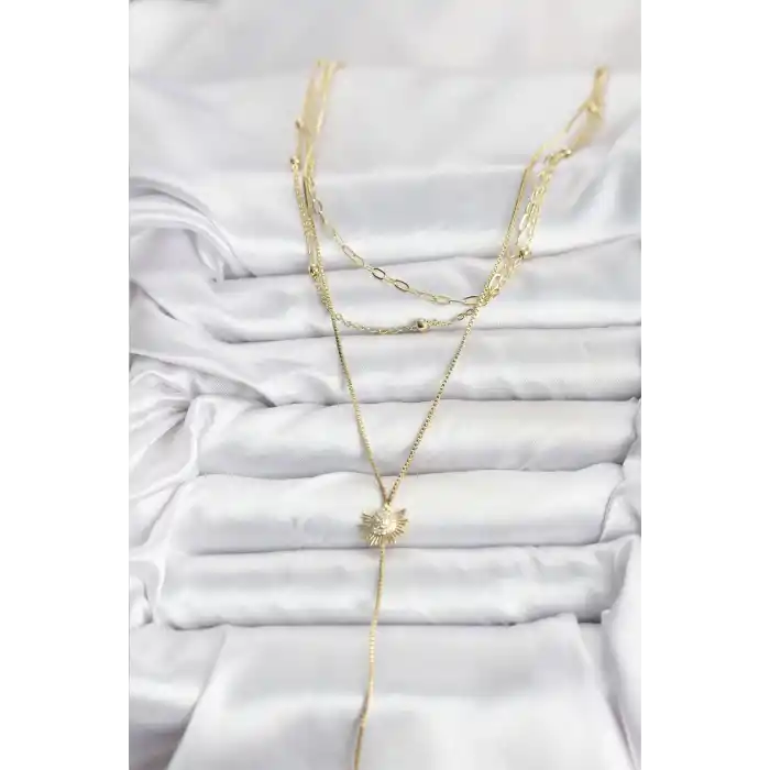 Pirinç Gold Renk Zirkon Taşlı Güneş Model Detaylı 3lü Kombin Y Kadın Kolye