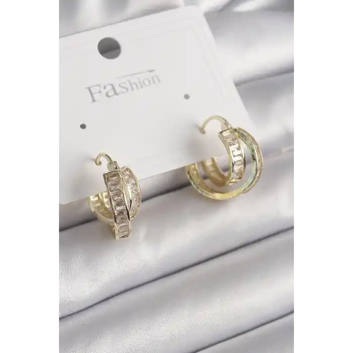 Pirinç Gold Renk Zirkon Taşlı Halka Model Kadın Küpe