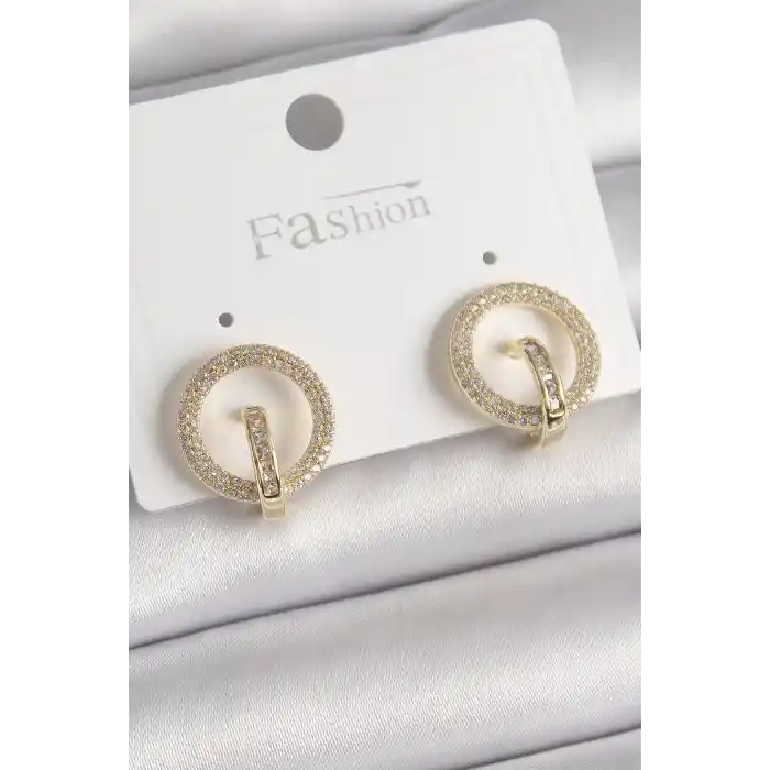 Pirinç Gold Renk Zirkon Taşlı Halka Model Kadın Küpe