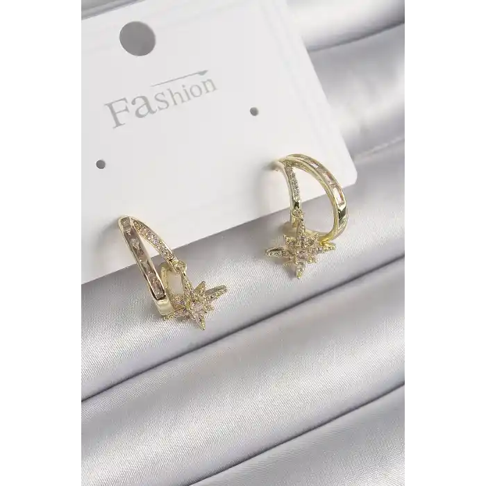 Pirinç Gold Renk Zirkon Taşlı Halka Model Yıldız Detay Kadın Küpe