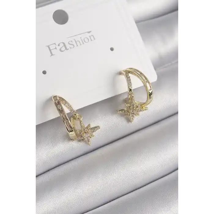 Pirinç Gold Renk Zirkon Taşlı Halka Model Yıldız Detay Kadın Küpe