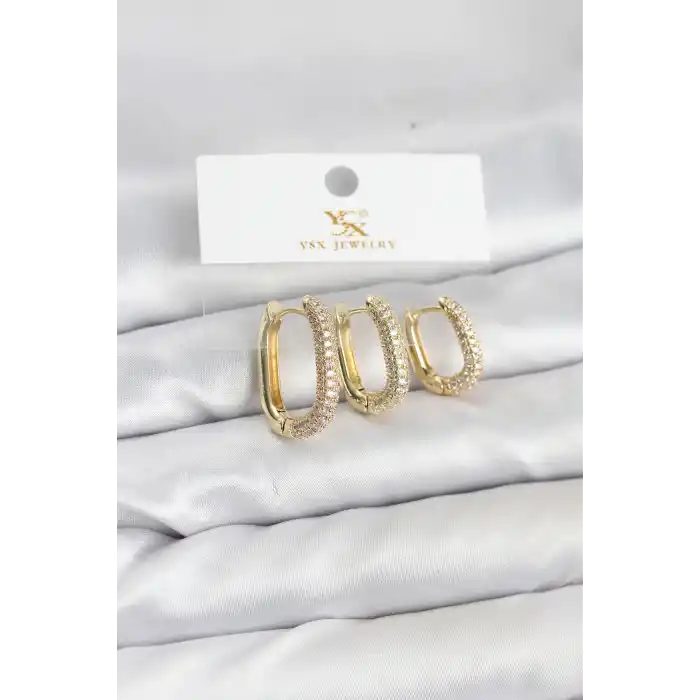 Pirinç Gold Renk Zirkon Taşlı Halka Model YSX Trio Küpe Seti