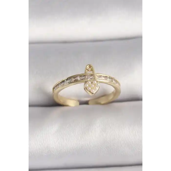 Pirinç Gold Renk Zirkon Taşlı İnci Detay Kilit Kalp Figür Ayarlanabilir Yüzük