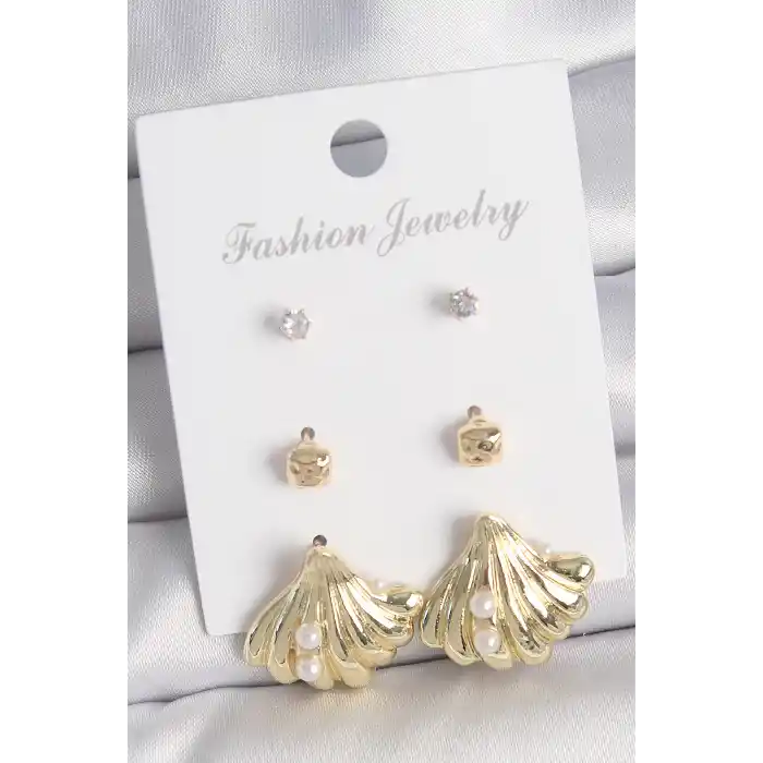 Pirinç Gold Renk Zirkon Taşlı İnci Detaylı Deniz Kabuğu Model 3 Çift Kadın Küpe Seti