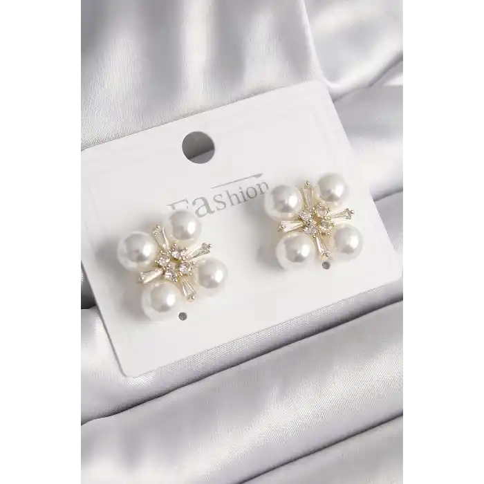 Pirinç Gold Renk Zirkon Taşlı İncili Kadın Küpe