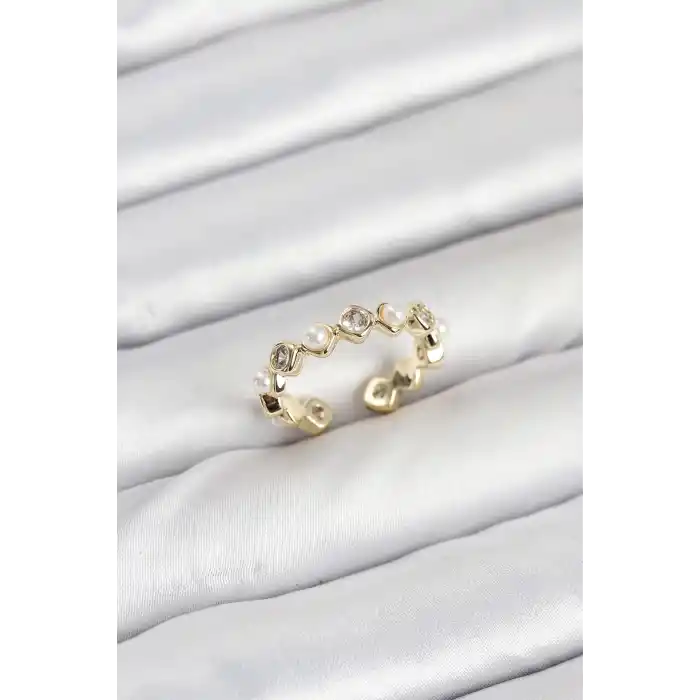Pirinç Gold Renk Zirkon Taşlı İncili Kadın Yüzük