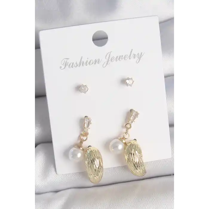 Pirinç Gold Renk Zirkon Taşlı İncili Sallantılı İşlemeli Damla Model 3 Çift Kadın Küpe Seti