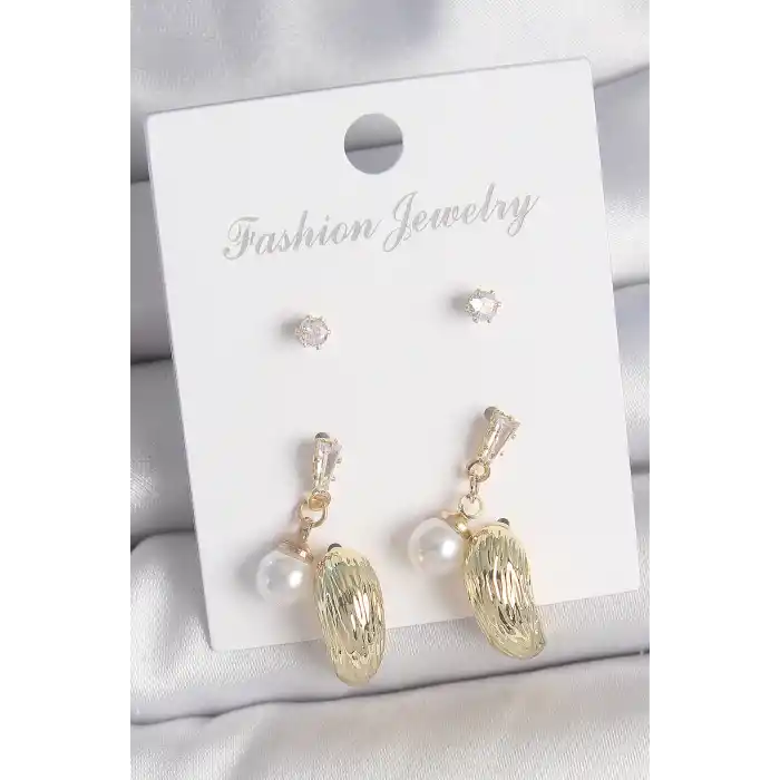 Pirinç Gold Renk Zirkon Taşlı İncili Sallantılı İşlemeli Damla Model 3 Çift Kadın Küpe Seti