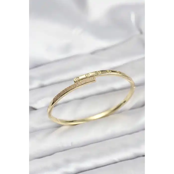 Pirinç Gold Renk Zirkon Taşlı Kadın Kelepçe Bileklik