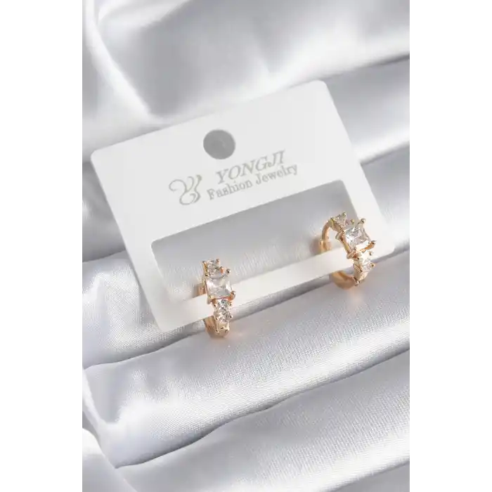 Pirinç Gold Renk Zirkon Taşlı Kadın Küpe