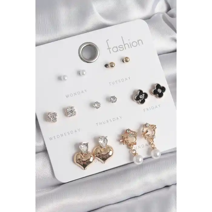 Pirinç Gold Renk Zirkon Taşlı Kalp Figür Siyah Yonca Detay 7 Çift Kadın Küpe Seti