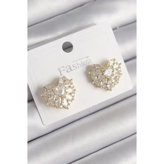 Pirinç Gold Renk Zirkon Taşlı Kalp Model Kadın Küpe
