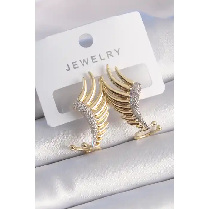 Pirinç Gold Renk Zirkon Taşlı Kanat Model Kadın Küpe