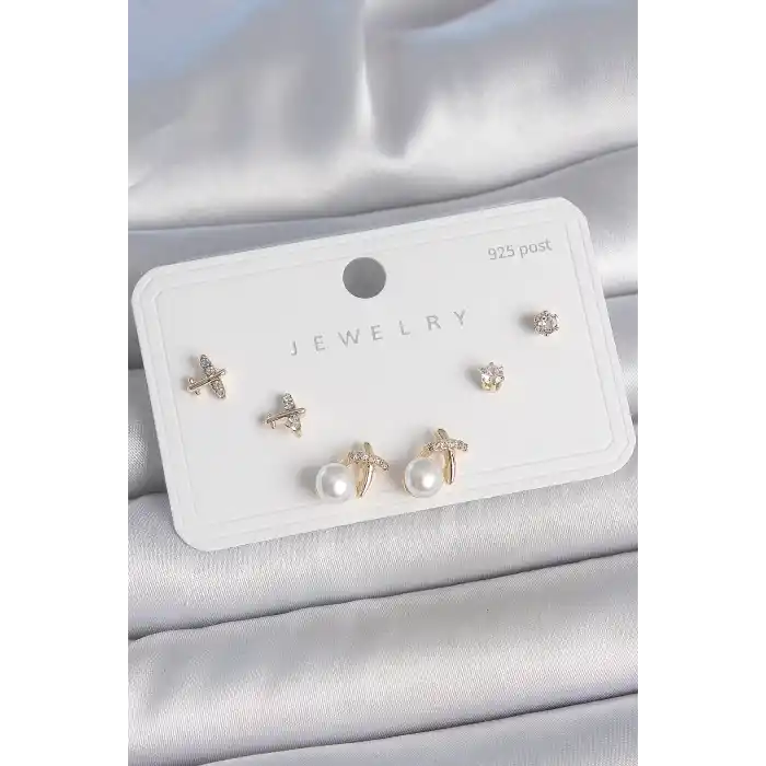 Pirinç Gold Renk Zirkon Taşlı Kelebek Model İnci Detay 925 Ayar Gümüş Çivi Kadın Küpe Seti