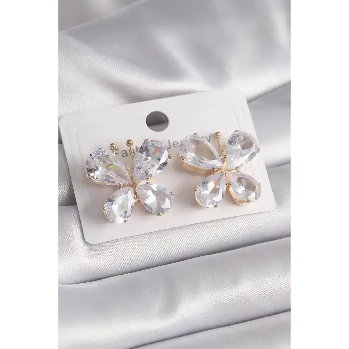 Pirinç Gold Renk Zirkon Taşlı Kelebek Model Kadın Küpe