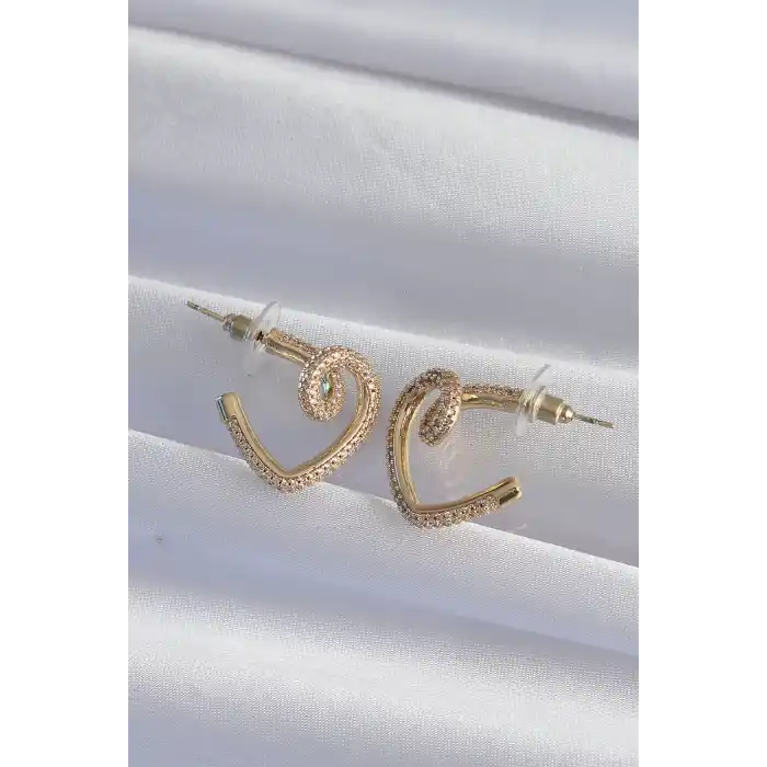 Pirinç Gold Renk Zirkon Taşlı Kıvrımlı Yarım Kalp Küpe