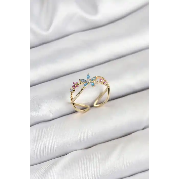 Pirinç Gold Renk Zirkon Taşlı Mavi Çiçekli Kadın Yüzük