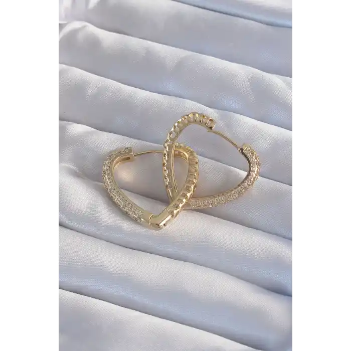Pirinç Gold Renk Zirkon Taşlı Motifli Kalp Küpe