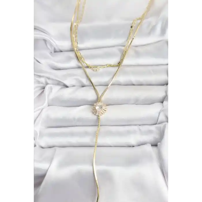 Pirinç Gold Renk Zirkon Taşlı Papatya Model Detaylı 3lü Kombin Y Kadın Kolye
