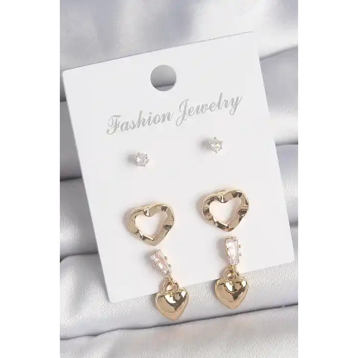 Pirinç Gold Renk Zirkon Taşlı Sallantı Kalp Model Kadın 3 Çift Küpe Seti