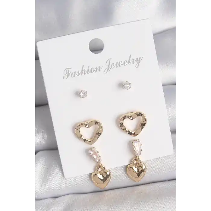 Pirinç Gold Renk Zirkon Taşlı Sallantı Kalp Model Kadın 3 Çift Küpe Seti