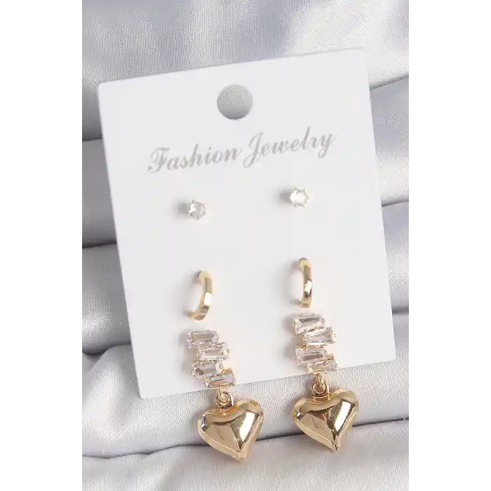 Pirinç Gold Renk Zirkon Taşlı Sallantılı Kalp Model Yarım Halka Detay 3 Çift Kadın Küpe Seti