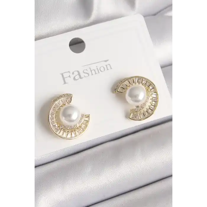 Pirinç Gold Renk Zirkon Taşlı Salyangoz Model İnci Detay Kadın Küpe
