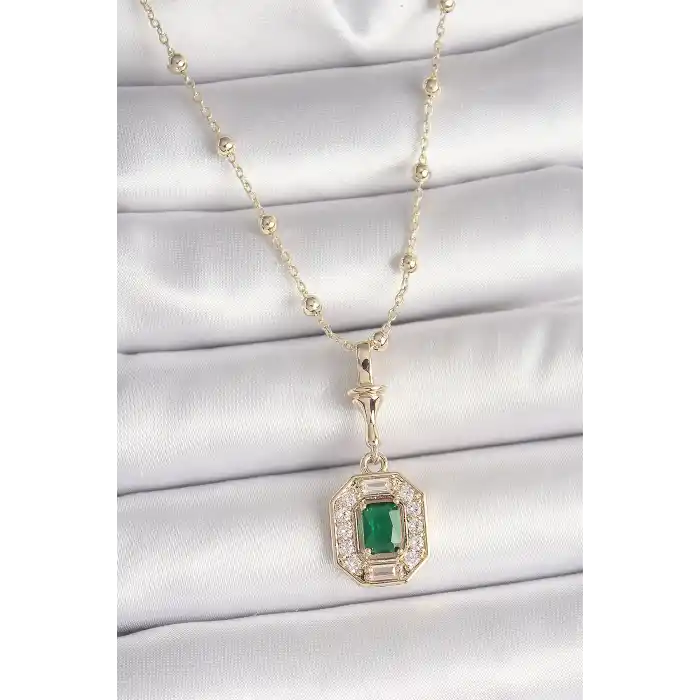 Pirinç Gold Renk Zirkon Taşlı Topçuk Zincir Serenay Model Kadın Kolye