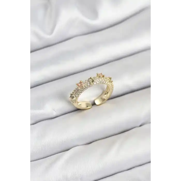 Pirinç Gold Renk Zirkon Taşlı Vintage Kadın Yüzük