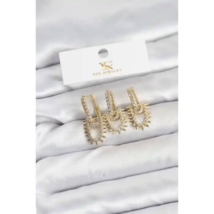 Pirinç Gold Renk Zirkon Taşlı Vintage Model YSX Trio Küpe Seti
