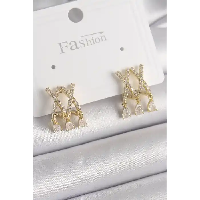 Pirinç Gold Renk Zirkon Taşlı X Model Sallantı Detay Kadın Küpe