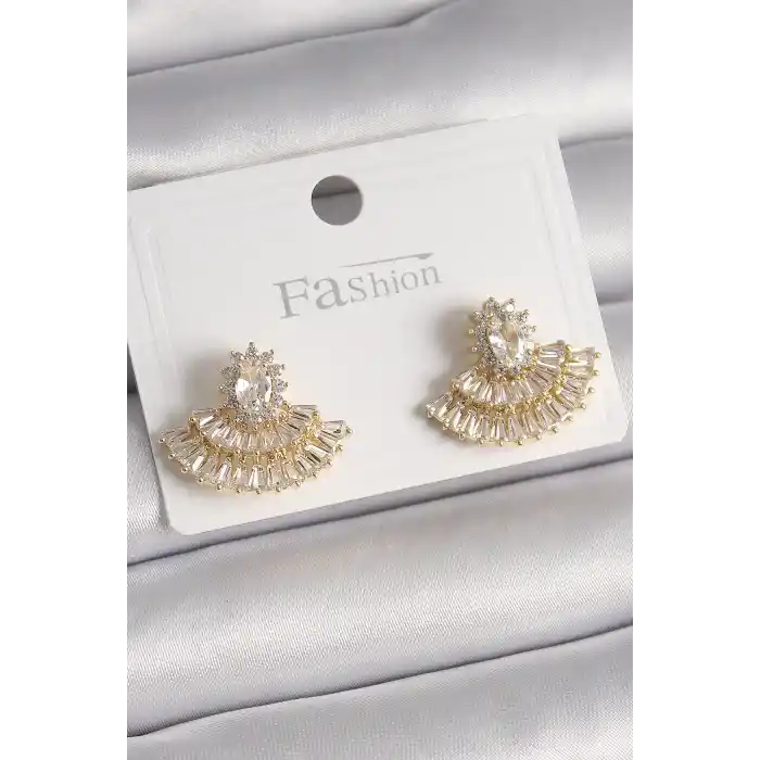 Pirinç Gold Renk Zirkon Taşlı Yelpaze Model Kadın Küpe