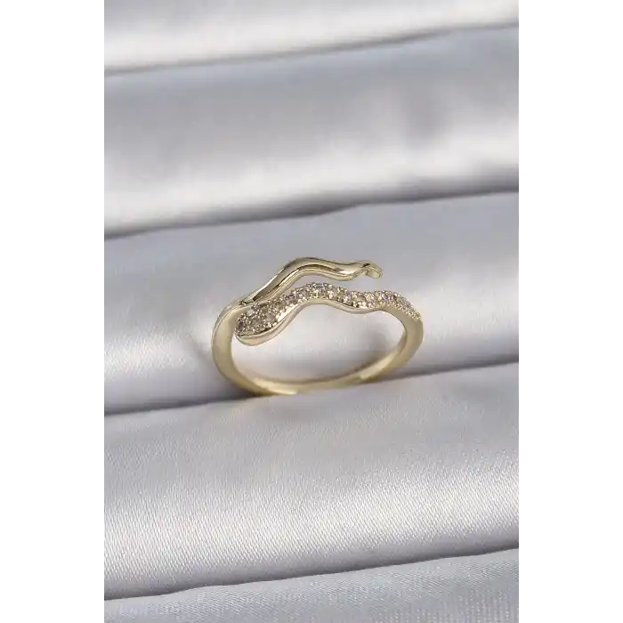Pirinç Gold Renk Zirkon Taşlı Yılan Ayarlanabilir Model Kadın Yüzük