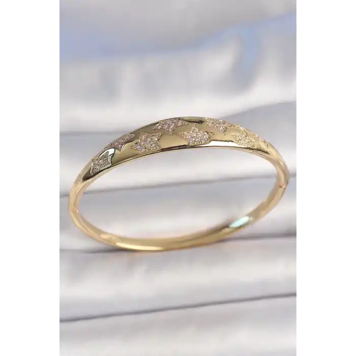 Pirinç Gold Renk Zirkon Taşlı Yıldız İşlemeli Kadın Kelepçe